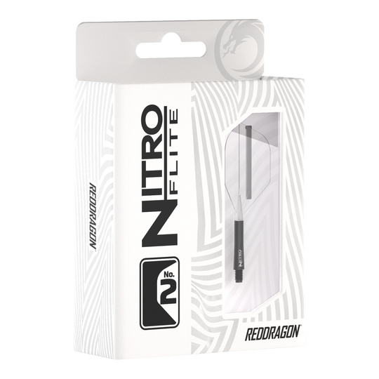 Red Dragon Nitroflite - Zwarte schacht Clear No2 Vluchten Die Abbildung zeigt die Verpackung des Produkts „Red Dragon Nitroflite - Black Shaft Clear No2 Flights“. Die Verpackung ist überwiegend weiß mit schwarzen Aufdrucken und einer Sichtöffnung, durch die das Produkt zu sehen ist.