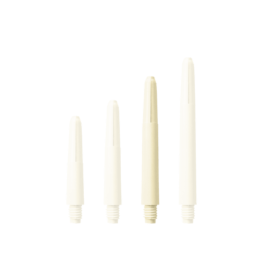 577_Nylon_Shafts_Naturweiss_40mm_1acxoP3mORhImZ Das Bild zeigt vier Nylon Shafts in Naturweiß, die in unterschiedlichen Längen angeordnet sind. Jeder Schaft hat am unteren Ende ein Schraubgewinde.