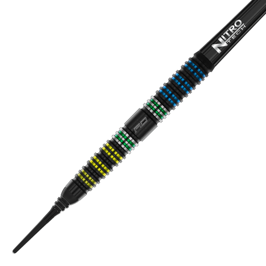 Dies ist ein Red Dragon Dragonfly 95 Black Tapered Softdart mit einem Gewicht von 18g. Der Dartpfeil hat ein schwarzes Design mit farbigen Ringen in Gelb, Grün und Blau.