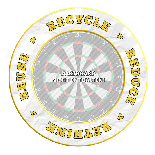McDart Recyclen Verminderen Heroverwegen Hergebruiken Dartbord Omranding Das Bild zeigt das Produkt mit dem Dateinamen MSF-C7_McDart_Recyle_Reuse_Reduce_Rethink_Surround_Gelb_3. Es handelt sich um einen gelben Dartboard-Surround mit Umweltslogan.