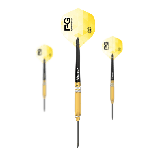 Bulls Patrick Geeraets Steeldarts - 23g Das Bild zeigt drei Steeldarts des Modells "Bulls Patrick Geeraets" mit einem Gewicht von 23 Gramm. Die Darts haben gelbe Flights und einen goldfarbenen Barrel.