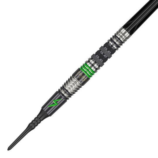 Target Japan Black Marque Lightning 3 zachte darts - 19g Das Bild zeigt einen Softdart namens "Target Japan Black Marque Lightning 3" mit einem Gewicht von 19g. Der Dart ist schwarz-silber mit grünen Akzenten und einem Blitzsymbol verziert.