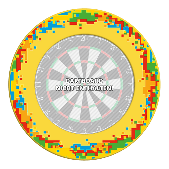 McDart Pixel Dartboard Surround Das Bild zeigt ein gelb-schwarzes Dartboard-Surround mit Pixel-Muster. Es handelt sich um das Produkt 'MSF-H6_McDart_Pixel_Dartboard_Surround_Gelb_3'.