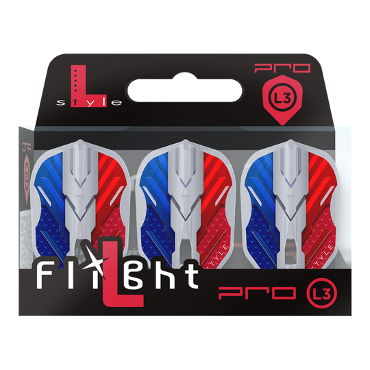 Das Bild zeigt eine Verpackung mit drei Dartflights der Marke L-Style in den Farben Blau, Weiß und Rot. Auf der Verpackung steht "Flight L Pro L3", und die Flights haben ein modernes, kantiges Design.
