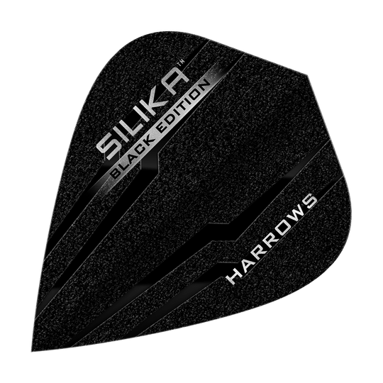 Harrows Silika Black Edition vliegervluchten Das Bild zeigt ein Harrows Silika Black-Edition Kite Flight in schwarzem Design. Auf der Oberfläche stehen die Wörter "Silika Black Edition" und "Harrows" in silberner Schrift.