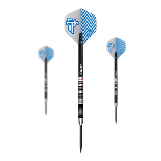 Die Bulls Challenger Patrick Tringler Steeldarts mit 21g Gewicht sind abgebildet. Dieses Set ist speziell für Steeldart-Enthusiasten geeignet.