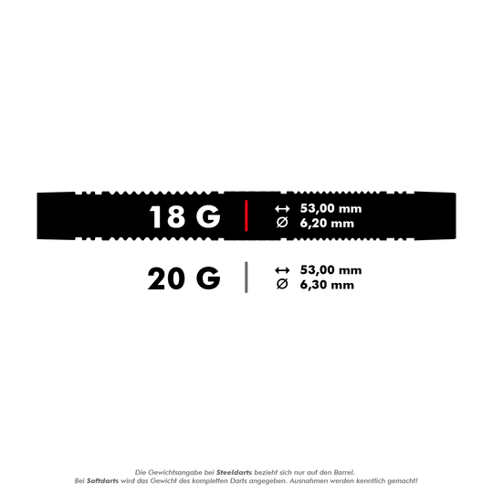 Target Scope 10 zachte pijltjes Das Bild zeigt die Spezifikationen von Softdarts mit 18 und 20 Gramm Gewicht. Die Maße sind jeweils 53,00 mm Länge und 6,20 mm bzw. 6,30 mm Durchmesser.