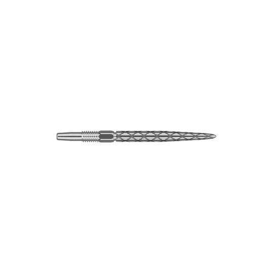 Target Swiss Diamond Pro Silver Points dartpunten Das Bild zeigt eine silberne Dartspitze mit einem rautenförmigen Muster. Sie ist lang und schmal gestaltet und eignet sich für Präzisionswürfe beim Dartspiel.