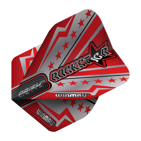 Winmau Prism Delta Joe Cullen Rockstar Series No2 Standaardvluchten Das Bild zeigt ein Dartflight aus der Winmau Prism Delta Joe Cullen Rockstar Series No2 Standard Flights. Das Design ist in Rot, Silber und Schwarz gehalten und zeigt Sterne sowie das Wort "Rockstar" in großer Schrift.
