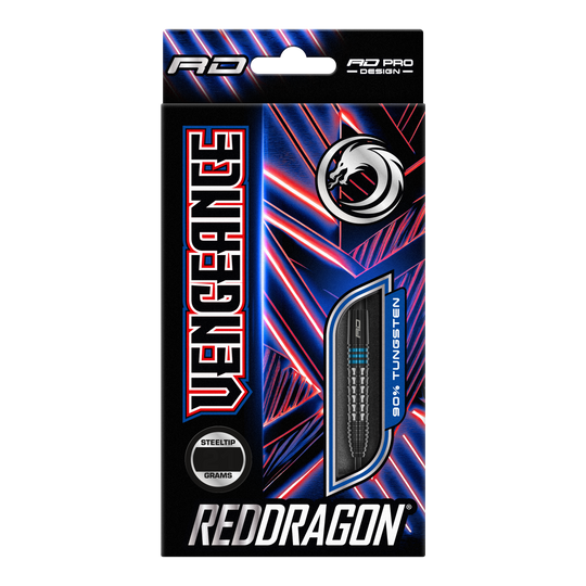 Red Dragon Vengeance Blue Steel Darts Auf dem Bild ist die Verpackung der "Red Dragon Vengeance Blue Steeldarts" zu sehen. Die Schachtel ist schwarz mit blauen und roten Akzenten und zeigt einen Dartpfeil mit dem Hinweis auf 90% Tungsten.