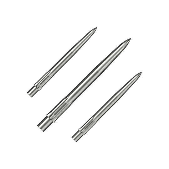 Caliburn System Steel Dart Tips - Glad - Zilver Das Bild zeigt drei silberne, glatte Steeldartspitzen. Sie liegen parallel nebeneinander auf weißem Hintergrund.