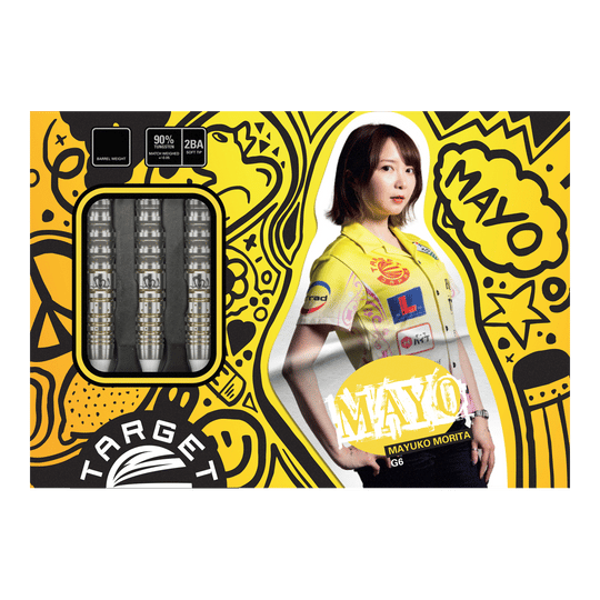 Die Verpackung zeigt die "Target Japan Prime Series Mayuko Morita GEN6 Softdarts - 18g". Links sind die Darts zu sehen, rechts ist ein Bild von Mayuko Morita mit buntem Hintergrund.