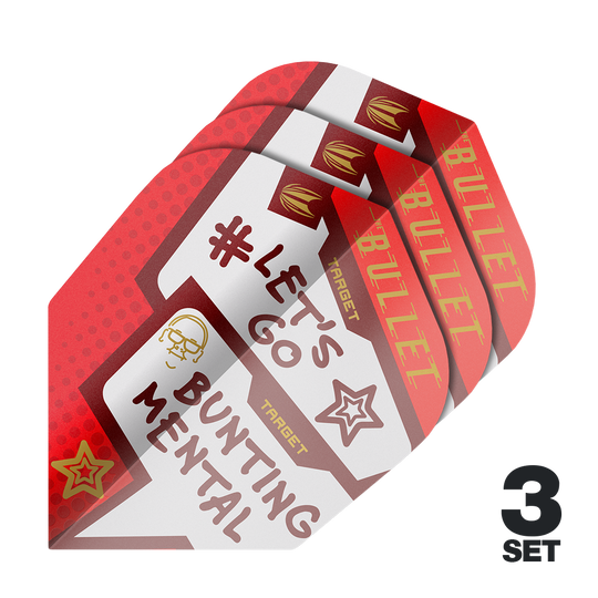 Target Pro Ultra Stephen Bunting Mental No6 Vluchten - 3 Sets Das Bild zeigt drei Sets der Target Pro Ultra Stephen Bunting Mental No6 Flights für Dartpfeile. Die Flights sind rot und weiß gestaltet und tragen die Aufschrift "#LET'S GO BUNTING MENTAL".