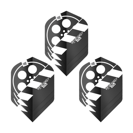 Target Pro Ultra Chris Dobey Hollywood Action No2 Standaardvluchten - 3 sets Das Bild zeigt drei Sets von Dart-Flights mit einem Filmklappen-Design in Schwarz und Weiß. Die Flights tragen den Namen "Target Pro Ultra Chris Dobey Hollywood Action No2 Standard Flights".