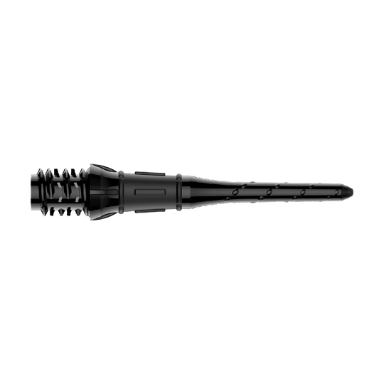 Auf dem Bild ist eine schwarze Dartspitze zu sehen. Sie hat ein schlankes Design mit kleinen Einkerbungen und Details entlang der Spitze.