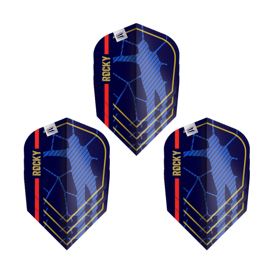Target Pro Ultra Josh Rock GEN1 No6 Vluchten - 3 Sets Das Bild zeigt drei Dartflights des Produkts „Target Pro Ultra Josh Rock GEN1 No6 Flights - 3 Sets“. Die Flights sind dunkelblau mit goldenen Linien, einer roten Streifen und dem Schriftzug „ROCKY“ versehen.