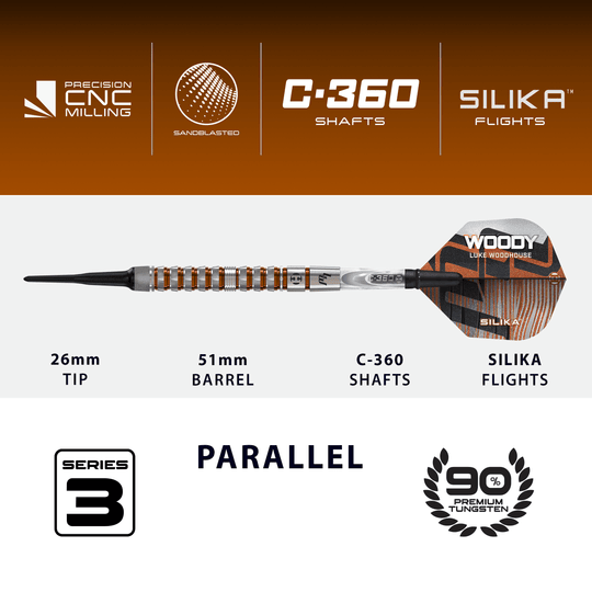 Harrow's Luke Woodhouse Series 3 Zachte Darts - 18g Abgebildet sind die Harrows Luke Woodhouse Series 3 Softdarts - 18g. Die Darts werden als 18-Gramm-Version präsentiert.