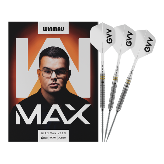 Winmau Gian Van Veen W-MAX Switch Point stalen dartpijlen Das Bild zeigt Winmau Gian Van Veen W-MAX Switch Point Steeldarts in voller Länge. Alle Details des Darts sind sichtbar.