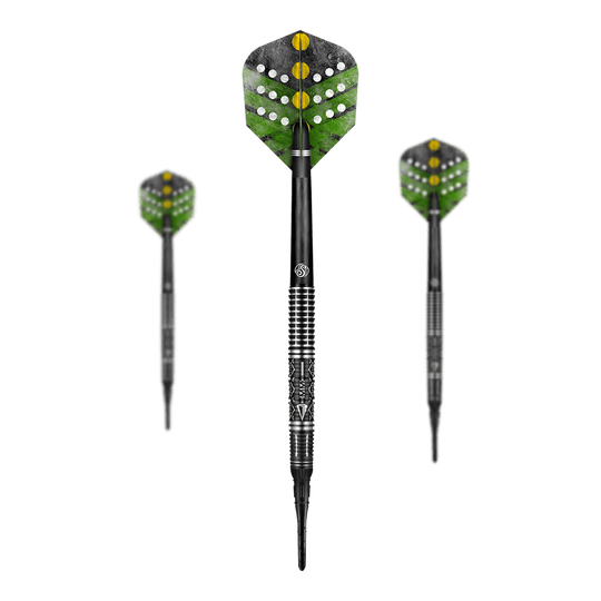 Shot Devon Petersen The Courage zachte darts Shot Devon Petersen The Courage Softdarts mit detailliertem Flight-Design. Die Darts sind beobachtbar angeordnet.