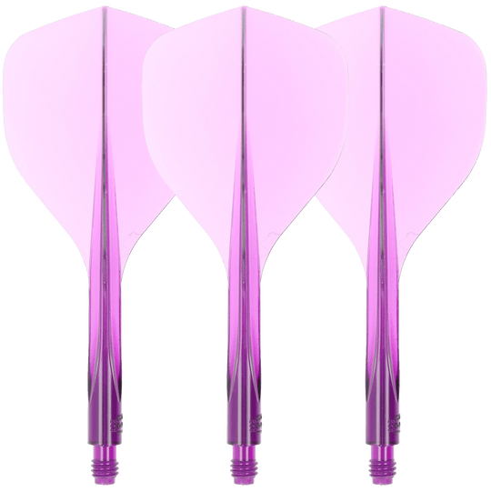 Condor Axe 120 Flight-System Clear Purple - Standard Das Bild zeigt drei klare, lila Dartflights mit integriertem Schaft. Es handelt sich um das Produkt "Condor Axe 120 Flight-System Clear Purple - Standard".
