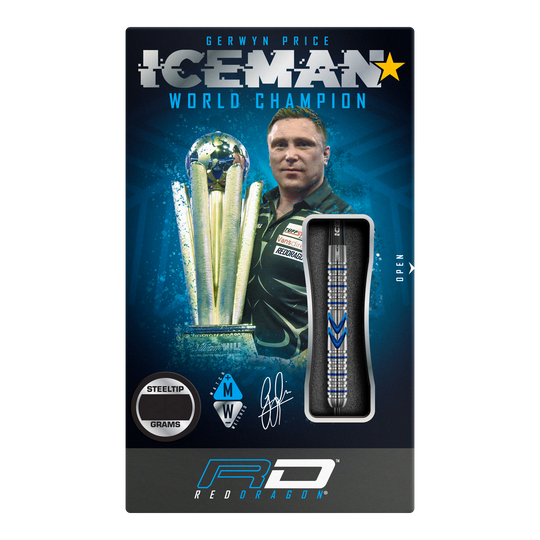 Red Dragon Gerwyn Price Iceman Midnight Edition stalen darts Das Bild zeigt die Verpackung der "Red Dragon Gerwyn Price Iceman Midnight Edition Steeldarts". Auf der Verpackung ist ein Bild von Gerwyn Price mit einem Pokal und einem Steel-Dart abgebildet.