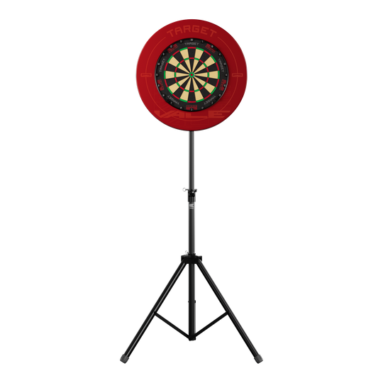 Target Dartbordstandaard Das Bild zeigt einen Dartboard-Ständer mit einer roten Umrandung und einer klassischen Dartscheibe. Der Ständer steht stabil auf drei Beinen und trägt das Produkt "Target Dartboard Stand".