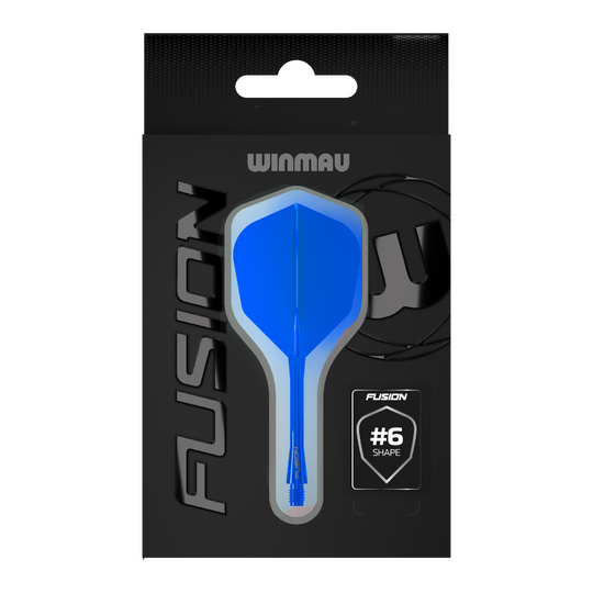 Winmau Fusion Flight Shaft System No6 Blauw Auf dem Bild befindet sich das Winmau Fusion Flight-Shaft-System No6 in Blau. Dieses Accessoire wird für das Dartspiel verwendet.
