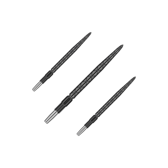 Auf dem Bild sind drei schwarze Dartspitzen mit Diamantmuster zu sehen. Sie haben ein silberfarbenes Gewinde am Ende zum Befestigen an einem Dartpfeil.