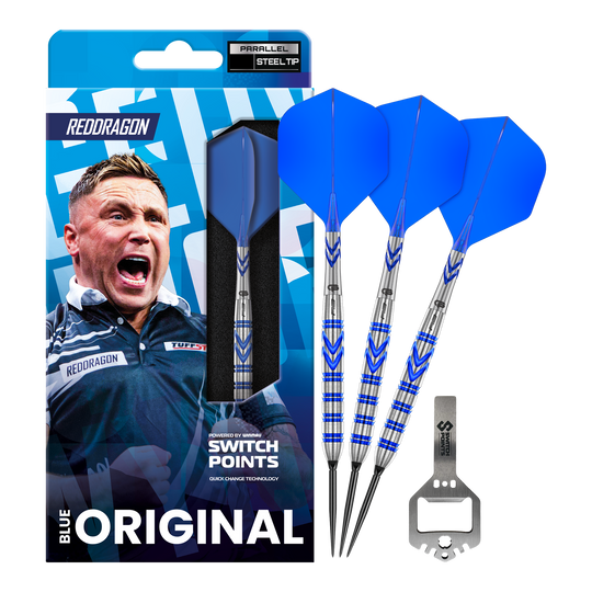 Das Bild zeigt die Red Dragon Gerwyn Price Blue Original Switch Point Steeldarts. Es handelt sich um hochwertige Steeldarts mit blauem Design.