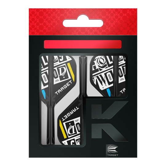 Target K-Flex Chris Dobey No2 Standaard Vluchtas Systeem Das Bild zeigt eine Packung der "Target K-Flex Chris Dobey No2 Standard Flights". Die Flights sind schwarz-weiß mit gelben und blauen Akzenten gestaltet und befinden sich in einer schwarzen Verpackung mit rotem Aufhänger.