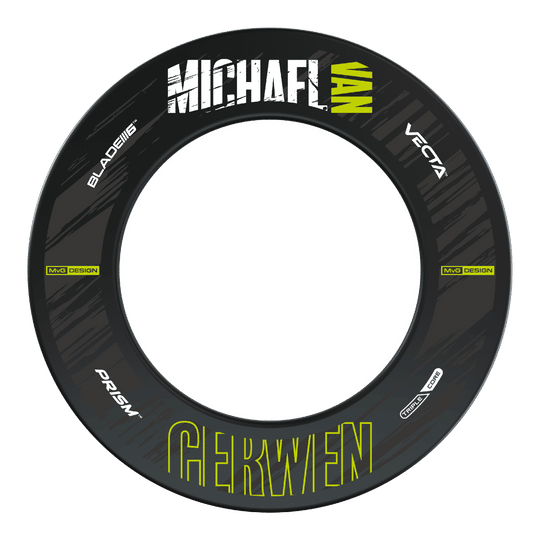 Das Bild zeigt einen Winmau MvG Retro Design Dartboard Surround. Der schwarze Dartboard-Ring trägt den Namen "Michael van Gerwen" und verschiedene Produkt-Logos.