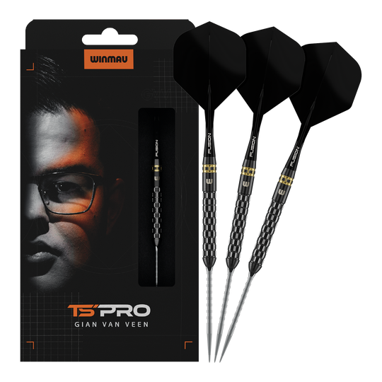 Winmau Gian Van Veen TS-PRO Schakelpunt Steeldarts Abgebildet sind Winmau Gian Van Veen TS-PRO Switch Point Steeldarts in voller Länge. Die Darts stechen durch ihre Form hervor.