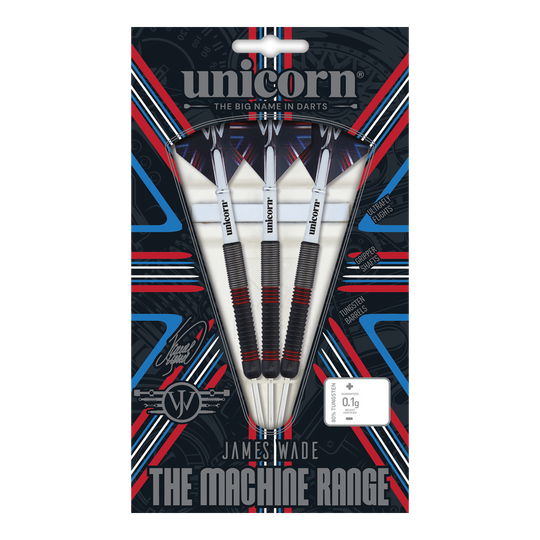 Das Bild zeigt eine Verpackung mit drei Steeldarts der Marke Unicorn, Modell "The Machine James Wade 80%". Die Darts haben einen schwarzen und roten Griffbereich und sind prominent in einer auffälligen Verpackung präsentiert.