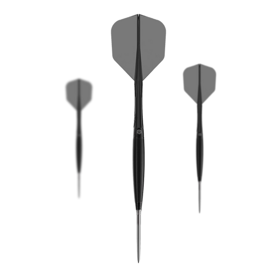 Abgebildet ist ein Set der Caliburn Chord C2 Steeldarts - 23,5g. Mehrere Darts werden zusammen präsentiert.