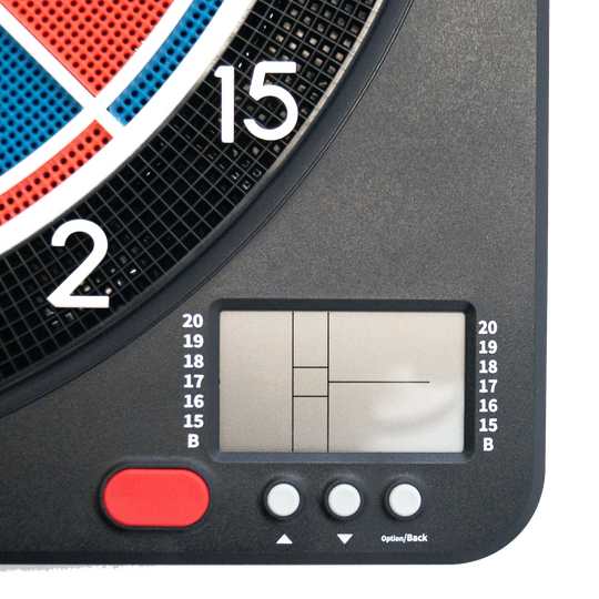 Karella CB-Smart Elektronisch Zacht Dartbord Das Bild zeigt einen Ausschnitt der elektronischen Soft-Dartscheibe "Karella CB-Smart". Zu sehen sind ein Teil der Dartscheibe, das Display und mehrere Bedientasten.