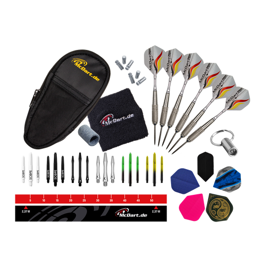 McDart Starterpakket Stalen Dart Das Bild zeigt das McDart Starterpack. Es handelt sich um ein Starterset für Dartspieler.