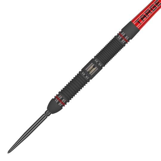 Target Scope 01 Swiss Point stalen darts Das Bild zeigt einen Steeldart namens "Target Scope 01 Swiss Point". Der Dart hat ein schwarzes, geriffeltes Griffstück mit roten Akzenten und einer silbernen Spitze.