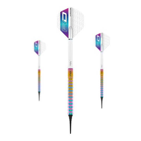 Red Dragon Javelin Spectron Soft Darts - 20g Das Bild zeigt drei Softdarts des Modells "Red Dragon Javelin Spectron" mit einem Gewicht von 20g. Die Darts haben farbenfrohe Griffe und weiße Flights mit lila und blauer Verzierung.