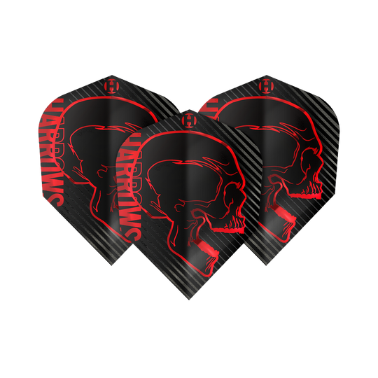 Harrows Rage Red No6-vluchten Das Bild zeigt drei schwarze Dartflights mit einem roten Totenkopfdesign und dem Schriftzug "Harrows" an der Seite. Die Flights sind Teil des Produkts "Harrows Rage Red No6 Flights".