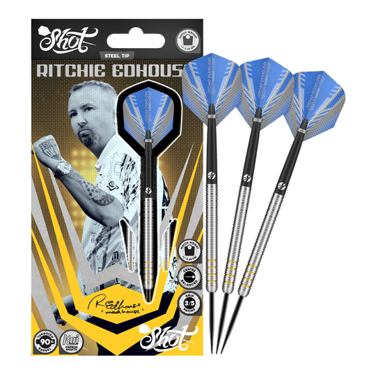 Shot Ritchie Edhouse Core Steel Darts Abgebildet sind die Shot Ritchie Edhouse Core Steeldarts in voller Ansicht. Sie überzeugen durch ihr hochwertiges Design.