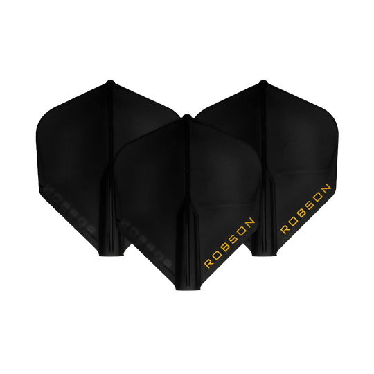 Robson Plus Standard Flights Auf dem Bild sind drei schwarze Dart-Flights zu sehen. Auf jedem Flight steht das Wort "ROBSON" in gelber Schrift.