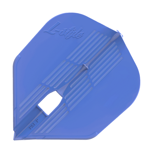 L-Style KAMI L3PRO-vluchten Das Bild zeigt ein blaues Dartflight mit dem Schriftzug "L-style" darauf. Das Flight hat eine eckige Form und gerillte Muster.