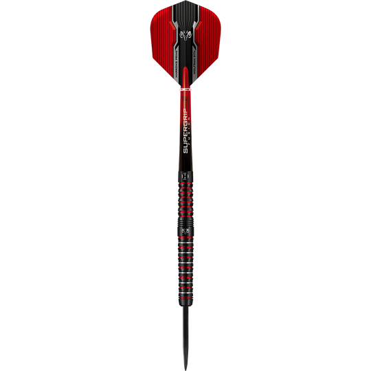 HA16990-Harrows-Wolfram-Infinity-97-Tungsten-Steeldarts-17sSHMEMOa9yP1 Das Bild zeigt einen Harrows Wolfram Infinity 97% Tungsten Steeldart. Der Dart ist schwarz mit roten Akzenten und hat ein modernes, sportliches Design.