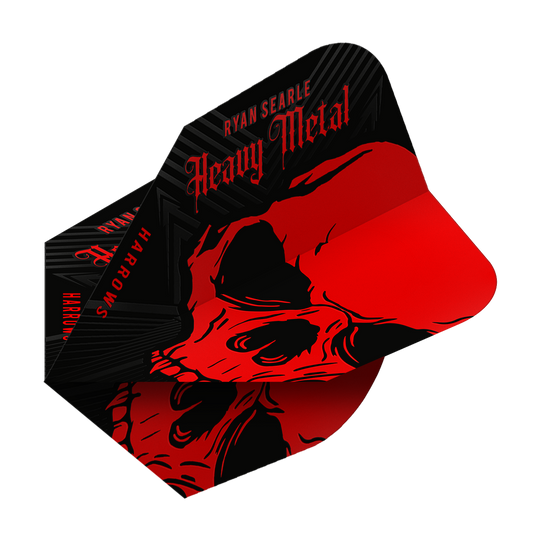 Ryan Searle van Harrow Heavy Metal No6 Flights Das Bild zeigt das Produkt "Harrows Ryan Searle Heavy Metal No6 Flights". Die Flights sind schwarz und rot gestaltet und zeigen einen auffälligen Totenkopf mit dem Schriftzug "Heavy Metal".