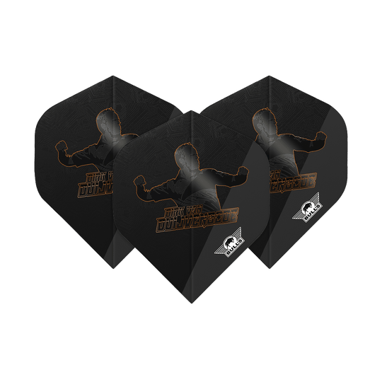 Bulls NL Speler 100 Dirk Van Duijvenbode Editie 2 No2 Standaardvluchten Das Bild zeigt drei schwarze Dart Flights mit dem Aufdruck "Dirk Van Duijvenbode" und einer Silhouette. In der Ecke ist das weiße Bulls NL-Logo zu sehen.