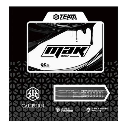 Caliburn Player MAK stalen dartpijlen Das Bild zeigt die Verpackung der Caliburn Player MAK Steeldarts mit einem Gewicht von 23,5g. Die Verpackung hebt das moderne Design und eine Lebenszeitgarantie hervor.
