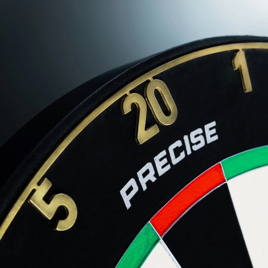 Precise 180 Endorphine stalen dartbord met genummerde ring - Goud Das Precise 180 Endorphine Steeldartboard mit Nummernring in Gold ist abgebildet. Die Dartscheibe verfügt über einen goldenen Zahlenring.