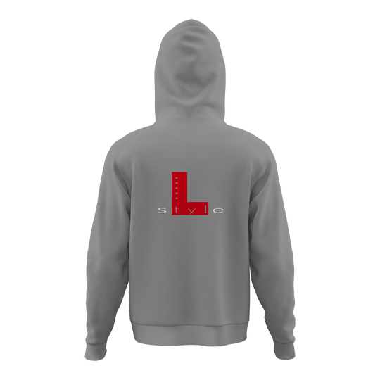 L-Style hoodie - grijs Der Hoodie ist grau und hat auf der Rückseite ein großes rotes "L" mit dem Wort "style" darunter. Das Design ist schlicht und modern gehalten.