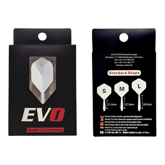 Evolution EVO1 Flight Shaft System - Wit Abgebildet ist das Evolution EVO1 Flight-Shaft-System in der Farbe Weiß. Der Artikel eignet sich als hochwertiges Dartzubehör.