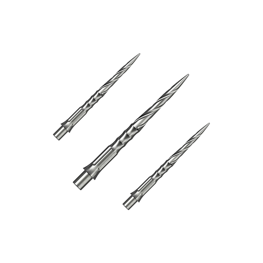 Caliburn System stalen dartpunten - Spiro - NoLip - zilver Das Bild zeigt ein Set von Caliburn Evo System Steeldartspitzen in Silber, 28 mm lang und mit Spiro-Design. Mehrere Spitzen sind geordnet dargestellt.
